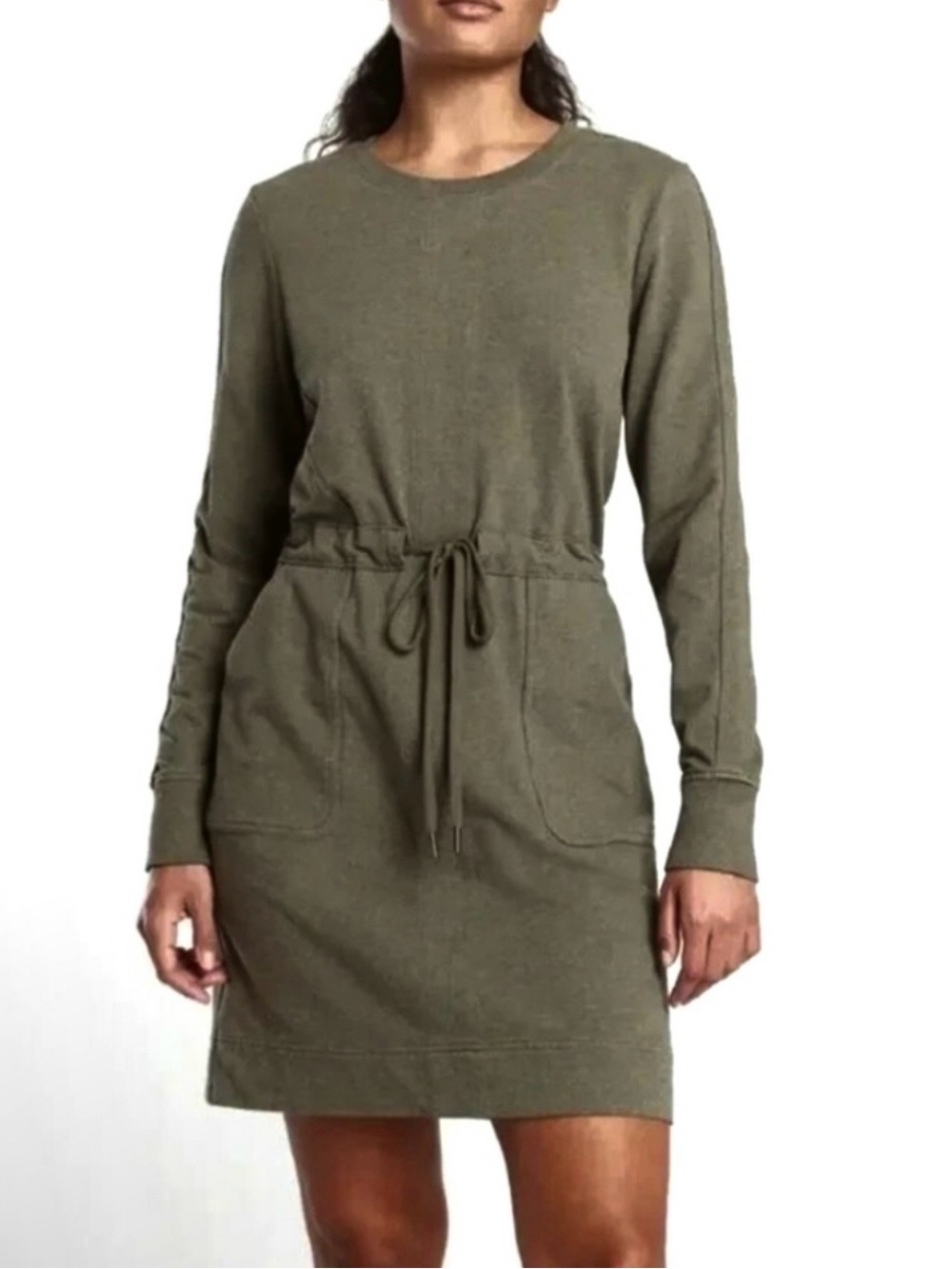 Athleta Olive Green Long-Sleeve Drawstring Sweatshirt Dress